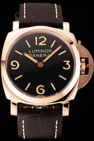 Panerai Luminor Black Dial Brown Leather Strap Mens Rose Gold Swiss Faux Watch PN122