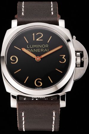 Swiss Panerai Luminor Base Acciaio Black Dial Brown Leather Strap Stainless Steel Watch PN050