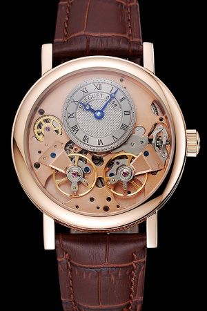 Breguet Tradition Power Reserve Grey Subdial Gold Case Brown Strap Transparent Back Watch Duplicated BT014