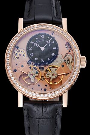 Breguet Tradition Dame Watch  With Luxury Diamonds Gold Case Black Leather Strap BT019