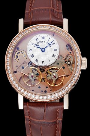 Breguet Tradition Luxury Diamonds Watch With White Off-centered Dial Gold Bezel Brown Strap BT020
