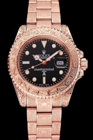 Limited Rolex Submariner Mastermind Japan Black Dial Luminous Index Rose Gold Plated SS Embossed Pattern Date Watch 1454073
