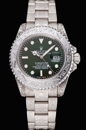 Special Rolex Submariner White Gold Gear-like Embossed Bezel Green Dial Mercedes Hands Engraved SS Bracelet Date Men's Watch 