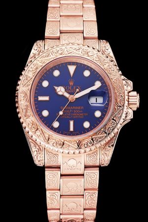 Rolex Submariner 18k Rose Gold Embossed Case/Bezel/Bracelet Dark Blue Face Luminous Rose Gold Marker/Index Swiss Watch Ref.11618