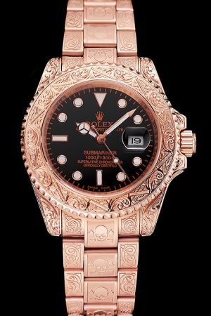 Swiss Rolex Submariner Rose Gold SS Embossed Pattern Watch Body Black Dial Mulriple Hour Scale Mercedes Pointer Date Watch
