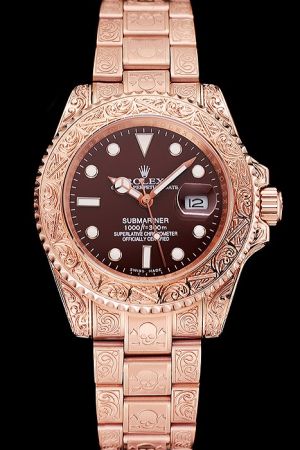 Replica Rolex Submariner Rose Gold 3D Embossed Pattern Watch Body Brown Dial Luminous Index Swiss Made Special Male Watch