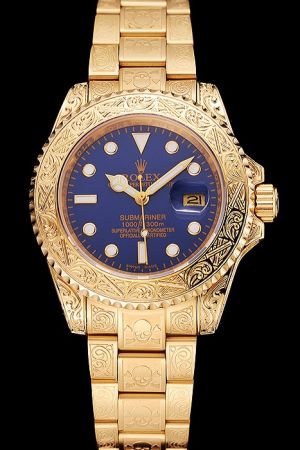 Luxury Rolex Submariner 18k Gold Plated Stainless Steel Embossed Case/Bezel/Bracelet Dark Blue Dial Luminous Scale/Hand Watch Ref.1680