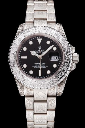 Swiss Gents Rolex Submariner Silver Embossed Case/Bezel/Bracelet Black Dial Chromalight Hour Scale/Mercedes Hands SS Watch