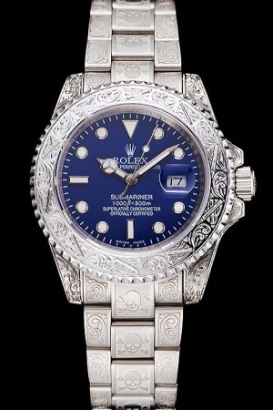 Swiss Rolex Submariner White Gold Embossed Case/Bezel/Bracelet Dark Blue Dial Luminous Hour Scale/Mercedes Index Male Watch