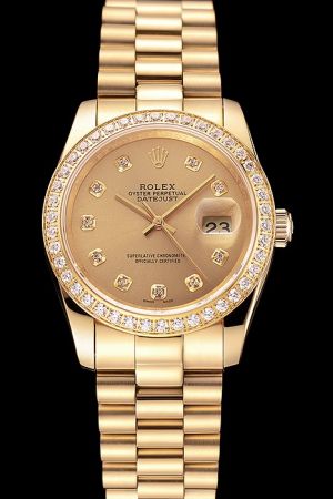 Lady Rolex Datejust 26mm Diamonds Bezel/Scale Yellow Gold Case/Dial/Index/Bracelet Convex Lens Date Window Weeding Watch Ref.69138