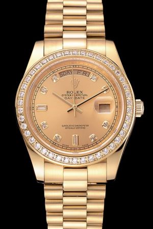Rolex Day-date 18k Gold Plated SS Case/Dial/Hand/Bracelet Diamonds Marker Week Display Swiss Auto Movement Luxury Watch