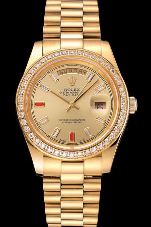 Rolex Day-date Diamonds Bezel Gems/Rubies Hour Marker Gold Stick Pointer Week/Date Display All Gold Design 36mm SS Watch Ref.228348RBR