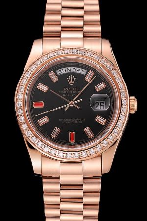 Rolex Day-date 18k Rose Gold Plated SS Case/Bracelet Gems/Rubies Scale Week/Date Display Slender Pointers Swiss Watch