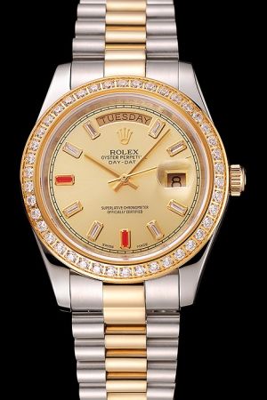 Swiss Made Rolex Day-date Gold Diamonds Bezel Gold Dial Gems/Rubies Marker Week/Date Display Two-tone Steel Bracelet  Watch