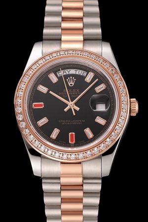Rolex Day-date Rose Gold Diamond Bezel Black Dial Gems/Rubies Scale Week/Date Display Two-tone Bracelet Unisex Watch