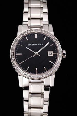 Burberry Diamonds Bezel Black Face Stainless Steel Bracelet Watch Luxury For Fashion Office Lady BU018