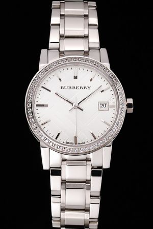 Burberry BU9220 White Dial Diamonds Bezel Stainless Steel Bracelet Watch Business Antique Style BU019