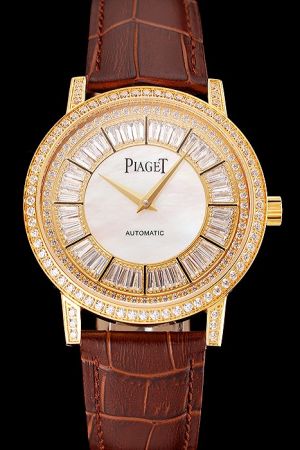 Swiss Piaget Altiplano Full-set Diamonds Yellow Gold Case/Hands Pearl Dial With Diamonds Inlay Brown Strap Automatic Rep Watch