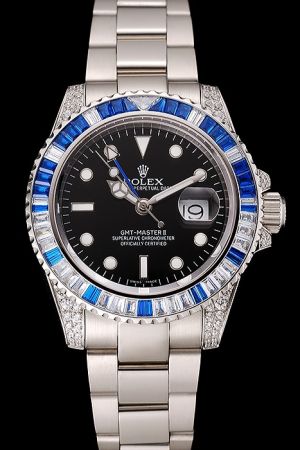 Rolex GMT Master II Diamonds Case Sapphires Bezel Black Dial Luminous Hour Scale Mercedes Hand Date SS Watch Ref.116759SA-78209