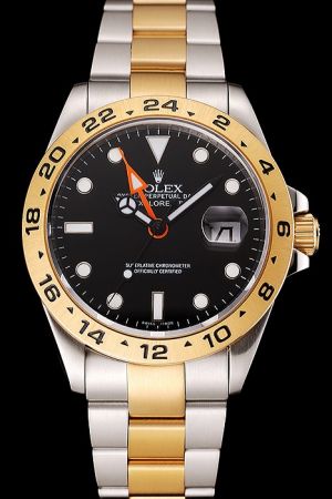 Replica Rolex Explorer Gold Tachymeter Bezel Black Dial Luminous Marker Red Pointer 2-Tone Bracelet Swiss Gents Watch