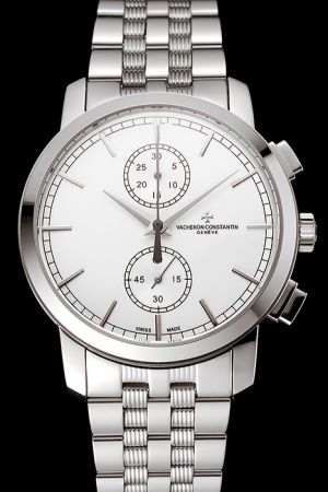 VC Patrimony Traditionnelle Geneve White Dial Stick Track Scale Two Chronograph Sub-dials Stainless Steel Bracelet Lady Watch