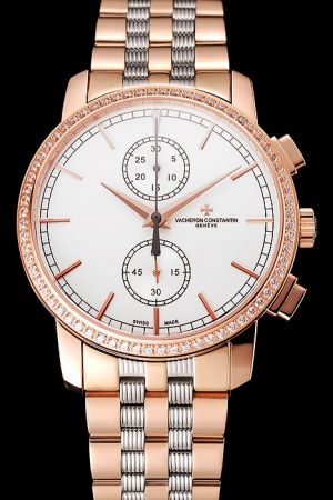 43mm VC Patrimony Traditionnelle Chronograph Rose Gold Case Diamonds Bezel White Dial Two-tone Bracelet Lady Watch