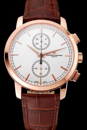 Lady VC Patrimony Traditionnelle Chronograph Geneve Rose Gold Case White Dial Dauphine Hands Stick Track Marker Watch