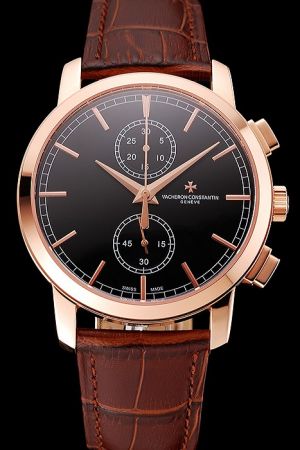 Women VC Patrimony Traditionnelle Chronograph Rose Gold Case&Scale Black Dial Two Sub-dials Brown Strap Watch