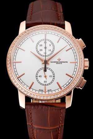 VC Patrimony Traditionnelle Chronograph Rose Gold Diamonds Bezel White Dial Dauphine Hands Brown Strap Lady Watch