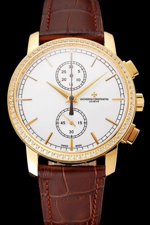 Swiss VC Patrimony Traditionnelle Chronograph Yellow Gold Case&Marker Diamond Bezel Two Sub-dials Geneve Women Watch