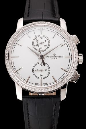  Geneve VC Patrimony Traditionnelle Diamonds Bezel White Dial Stick Track Marker Two Sub-dials Women Chronograph Watch