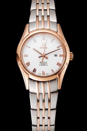 Rep Omega De Ville Co-Axial Rose Gold Case/Pointer White Dial Roman Scale Two-tone Steel Bracelet Lady Watch