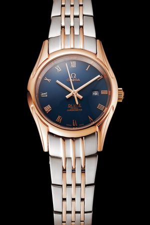 Lady Omega De Ville Co-Axial Rose Gold Case/Pointer Dark Blue Dial Roman Marker Two-tone Steel Bracelet Date Watch