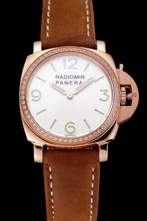 Panerai Radiomir PAM00021 Diamonds Bezel Brown Leather Strap Womens Rose Gold Quartz Watch PN099
