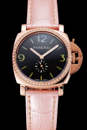Panerai Radiomir Black Dial Pink Leather Strap Womens Rose Gold Diamonds Watch PN138