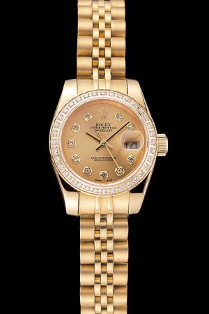 Ladies Swiss Rolex Datejust Yellow Gold Case/Dial/Pointer/Bracelet Diamonds Bezel/Scale Convex Lens Date Window Watch For Party 
