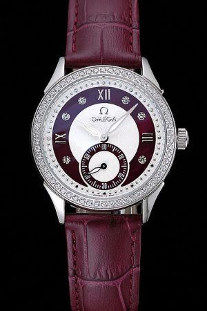 Lady Omega De Ville Prestige Diamonds Bezel Two-tone Dial Diamond/Roman Scale Second Sub-dial Burgundy Strap Watch