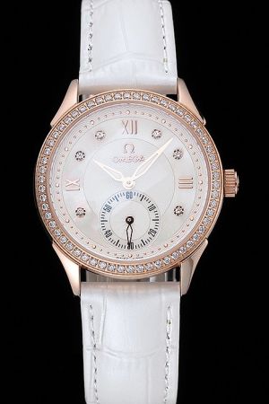 Omega De Ville Prestige Rose Gold Diamonds Bezel Pearl Dial Diamond/Roman Scale Second Sub-dial White Strap Watch