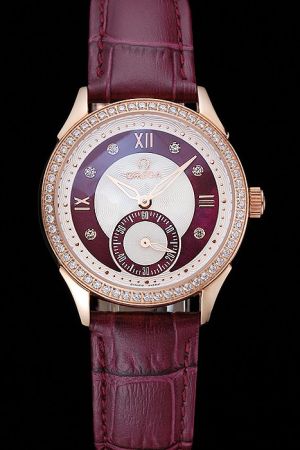 Omega De Ville Prestige Rose Gold Diamonds Bezel Two-tone Dial Two-tone Second Display Sub-dial Burgundy Strap Lady Watch