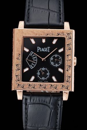 Piaget Emperador Gold Square Paisley Case Black Luminous Scale Baton Hand Fan-shaped Week Sub-dial Two Round Sub-dials Watch