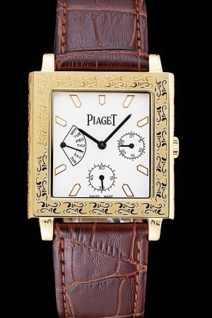 Piaget Emperador Yellow Gold Square Paisley Case White Face Luminous Marker Baton Hand Three Sub-dials Brown Strap Watch