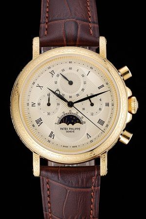 PP Grand Complications Moonphase Yellow Gold Engraved Case Black Hands&Scale Watch