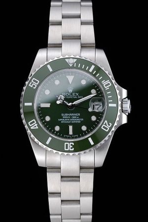 Gents Rolex Submariner Silver Case Green Cerachrom Bezel Green Dial Luminous Index Date Calendar Window Steel Bracelet Watch