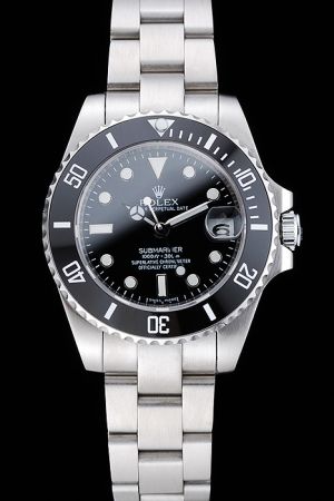 Phony Men's Rolex Submariner Silver Case/Bracelet Ceramic Rotating Bezel Black Dial Chromalight Hour Scale/Mercedes Hand Sports Watch