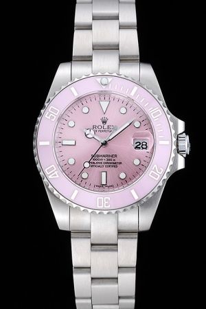 Female Rolex Submariner Pink Ceramic Bezel Pink Dial Hour Scale Date Window Silver Bracelet Medium Size Auto Watch