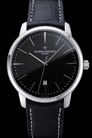 Rep Swiss Vacheron Constantin Patrimony Ultra-thin Silver Case Dots Stick Trilateral Scale Black Dial&Band Watch