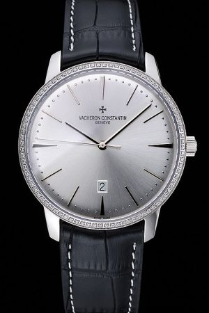 Swiss Vacheron Constantin Patrimony Ultra-thin Diamond Bezel Silver Dial Stick Pointers Black Strap Date Watch