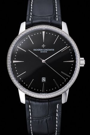 Swiss Vacheron Constantin Patrimony Silver Ultra-thin Diamonds Bezel Black Face Dots Stick Trilateral Marker Date Watch
