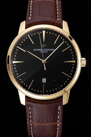  Swiss VC Patrimony Black Dial Yellow Gold Case&Scale Stick Pointer Brown Strap Men Date Watch 85180/000R-9232