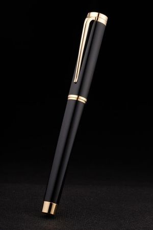 Bvlgari Glossy Gold Rimmed Black Ballpoint Pen Round Engraved Cap Finial Gold Clip Classic Style PE005